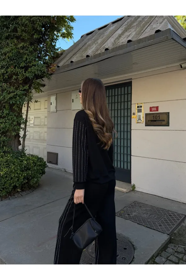 Siyah Taşlı Bluz Pantolon Takım - 0766