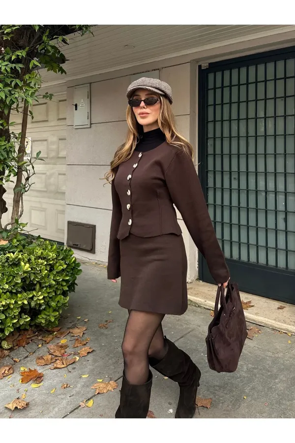 Ensemble cardigan et jupe marron ajusté -0611