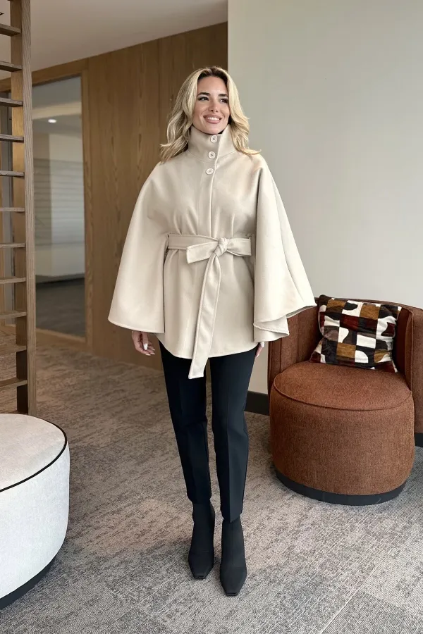 Cream Buttoned Belted Cashmere Poncho - 2055 Cream Buttoned Belted Cashmere Poncho - 2055