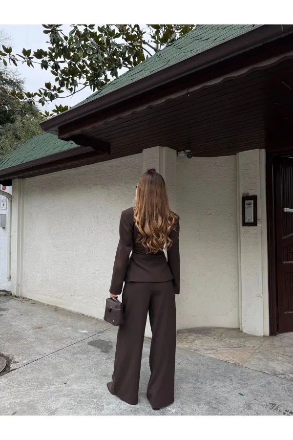 Kahverengi 4 Yan Düğmeli Ceket Pantolon Takım - 202602