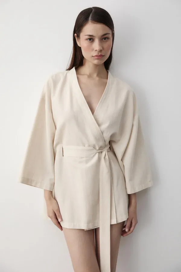 Natural Yarım Kol İçten Kemerli Kimono - 5383