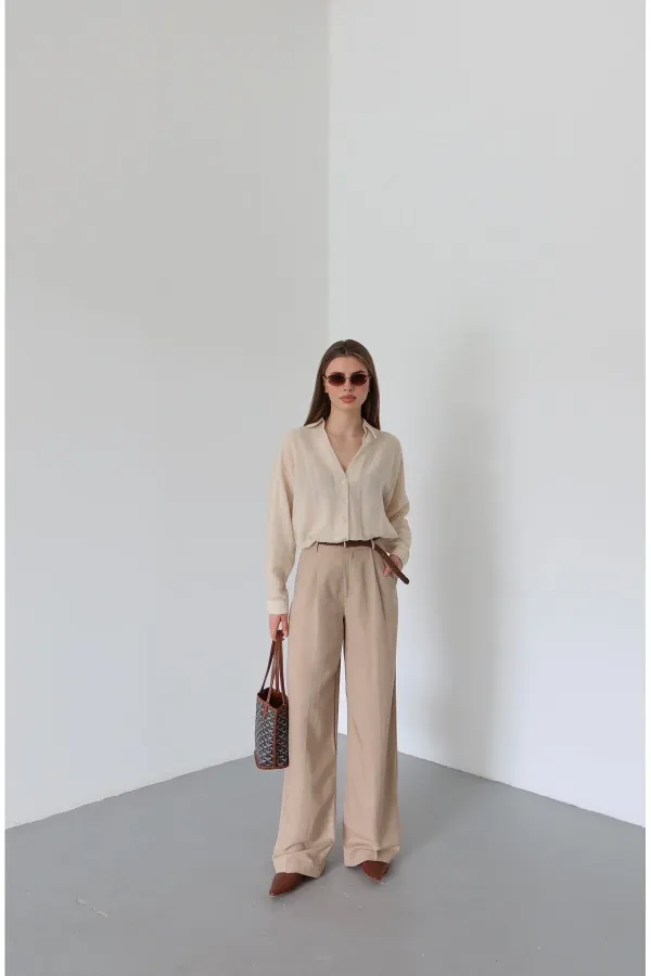 Pantalon beige en maille avec ceinture - 51150