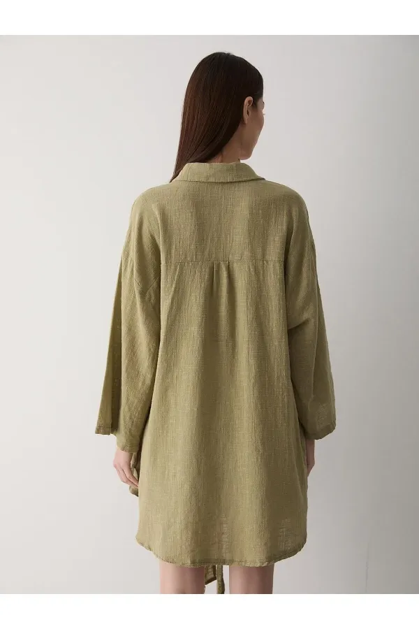 Haki Flam Keten Kimono Gömlek