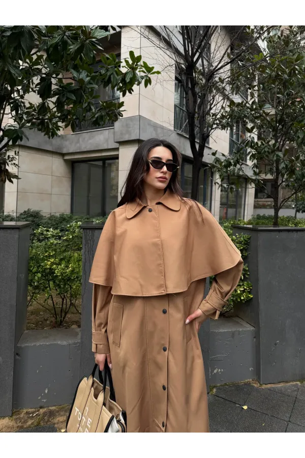 Camel Çıkarılabilir Kapüşon Detaylı Pelerinli Trençkot - 85179