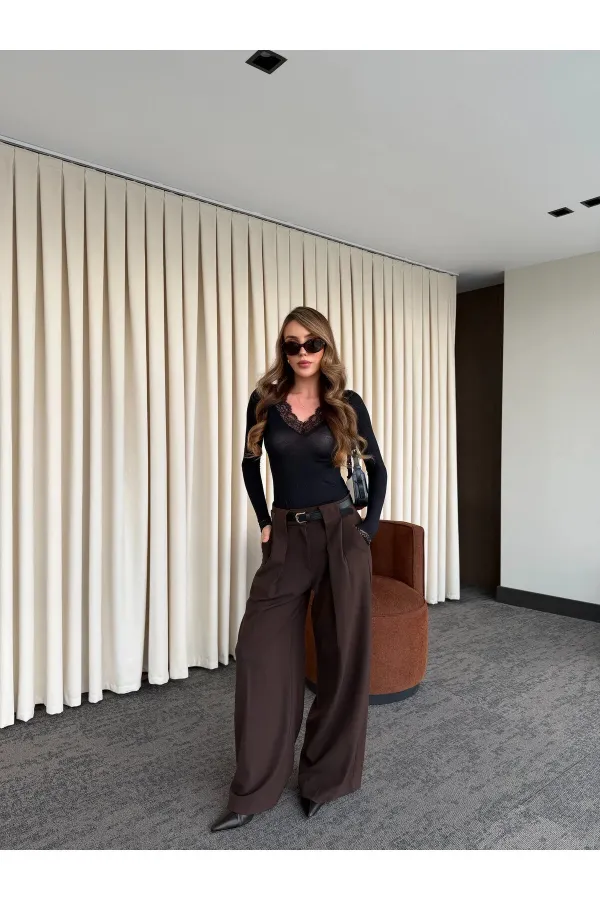 Kahverengi Kemerli Tasarım Pantolon - 251032