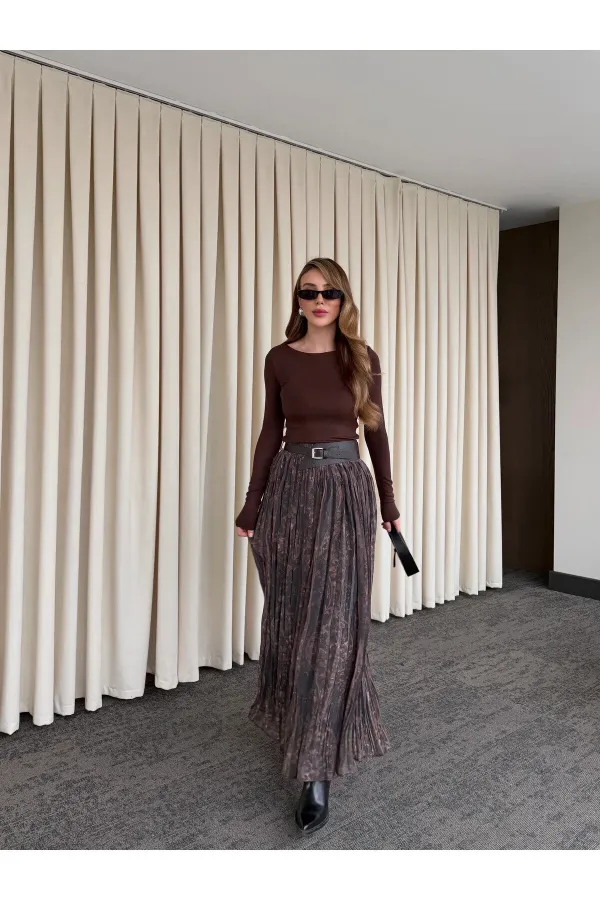 Kahverengi Beli Lastikli Kemerli Baskılı Etek - 3374