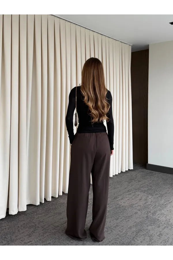 Kahverengi Kemerli Bol Paça Pantolon - 301