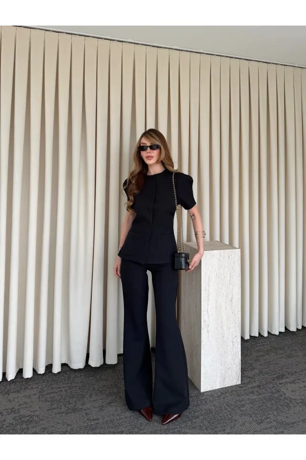 Siyah Balon Kol Düğmeli Ceket Pantolon Takım - 0440