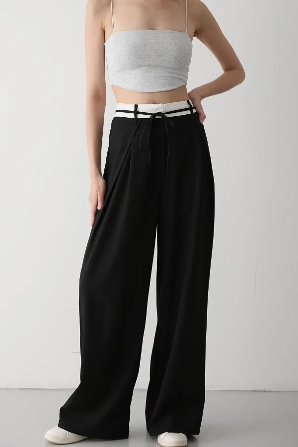 Siyah İp Kemer Detaylı Tasarım Pantolon - 3576