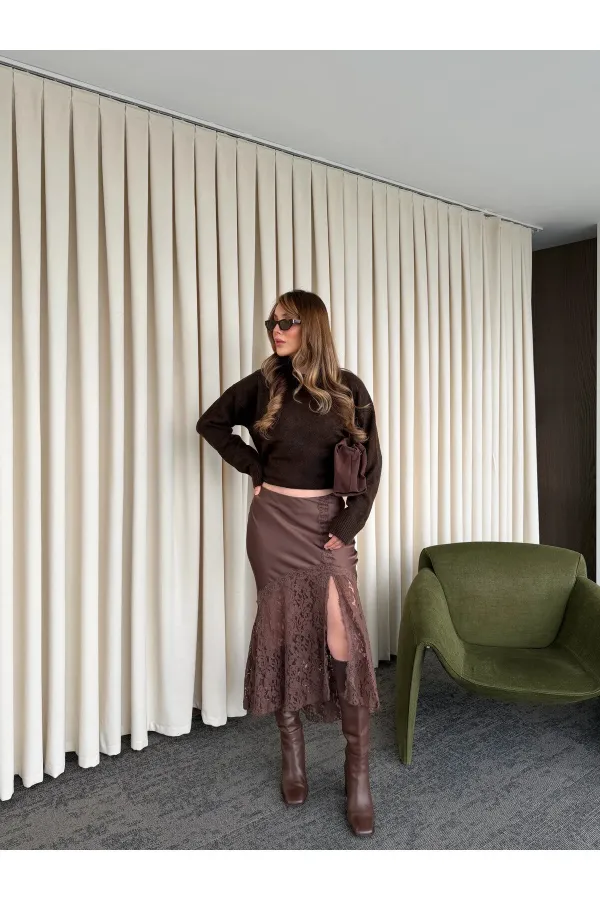 Kahverengi Saten Dantelli Etek - 37206