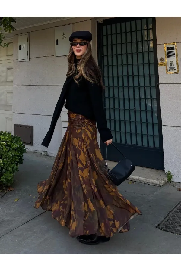 Haki - Sarı Yaprak Desenli Etek - 251101