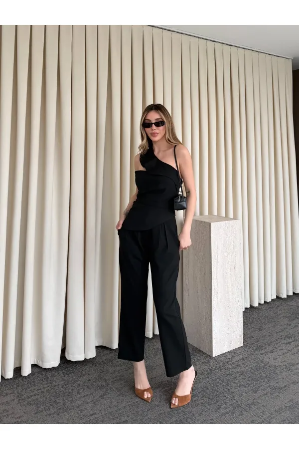 Siyah Tek Omuz Tasarım Yaka Bluz Pantolon Takım - 8003