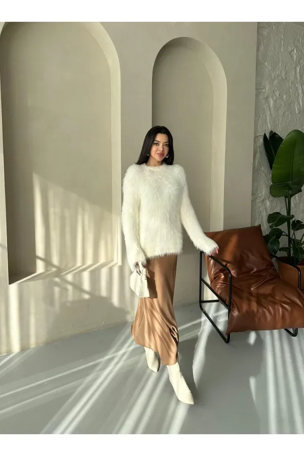 Sütlü Kahve Yandan Gizli Fermuarlı Beli Lastikli Saten Etek