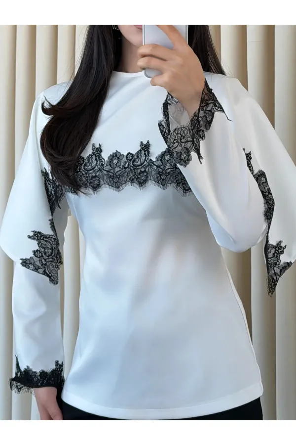 Beyaz Dantel İşlemeli Pelerin Saten Bluz - 1401