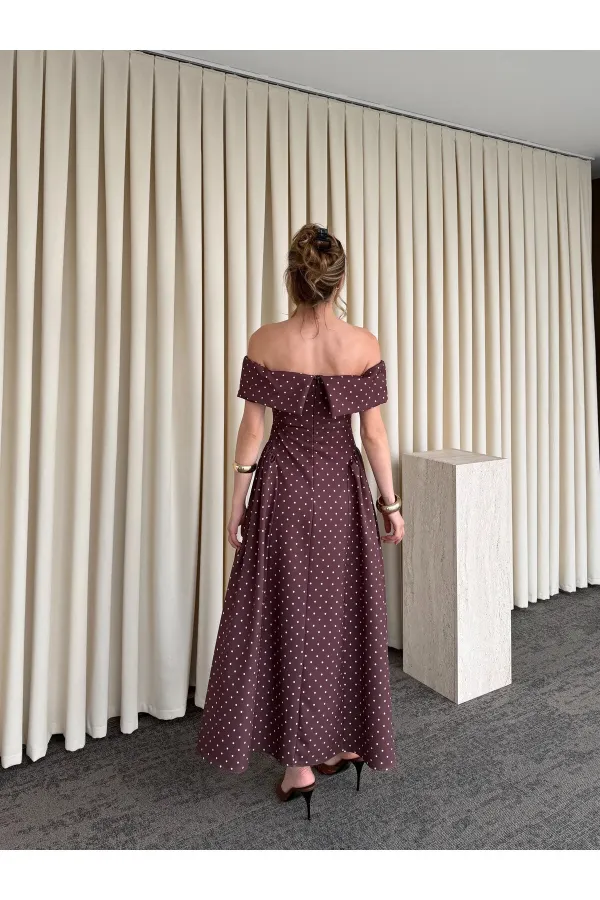 Robe midi marron à pois Madonna Neck - 00888