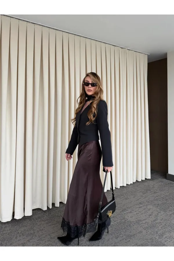 Kahverengi Puantiyeli Saten Etek Ucu Dantelli Etek - 50228