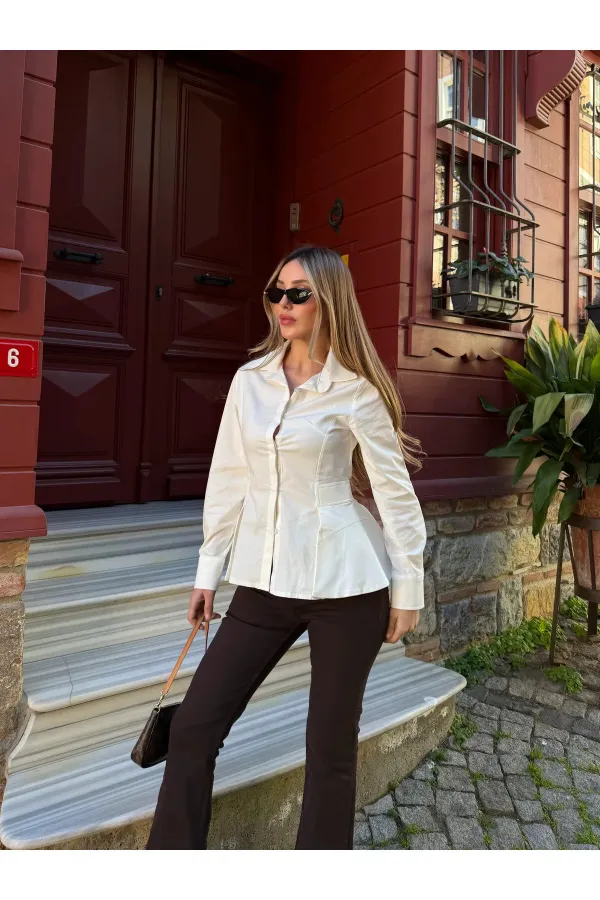 Ekru Belden Oturtmalı Poplin Gömlek - 1616