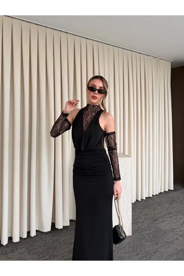 Black V-Neck Dress with Lace Gloves - 20117