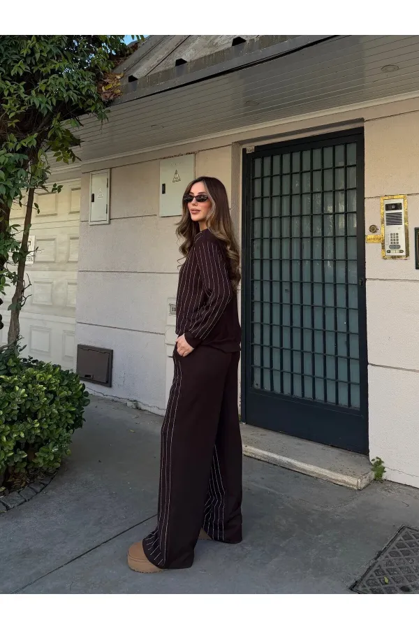 Kahverengi Taşlı Bluz Pantolon Takım - 0766