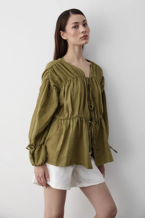Khaki 100% Cotton Muslin Shirt with Elasticated Sleeves