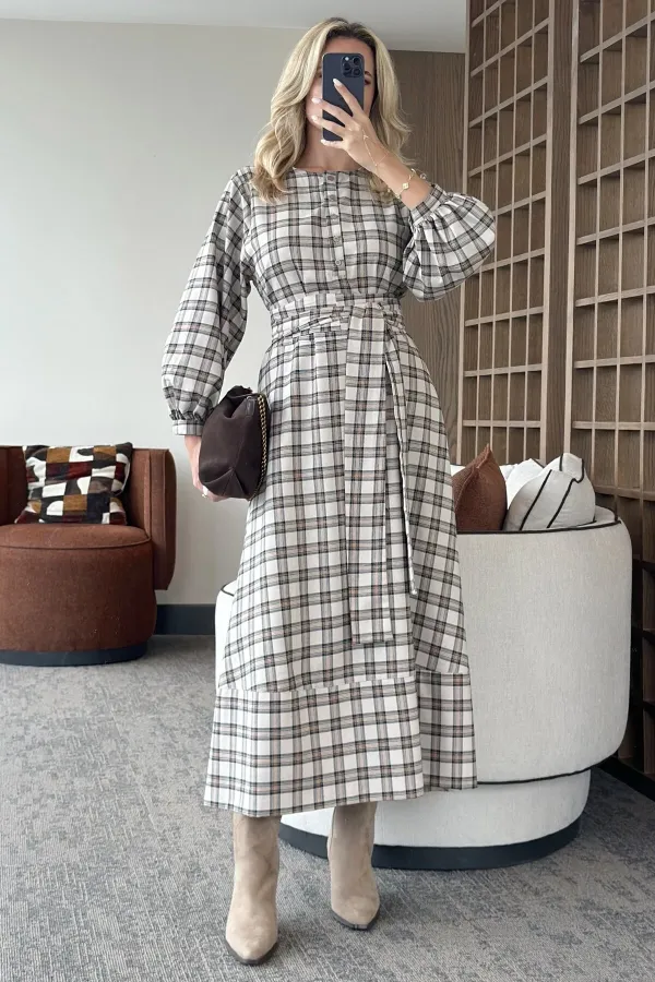 Stone Plaid Belted Long Dress - 1235 Stone Plaid Belted Long Dress - 1235