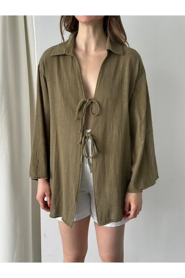 Olive %100 Keten Bağcık Detaylı Kimono Bluz - 5218