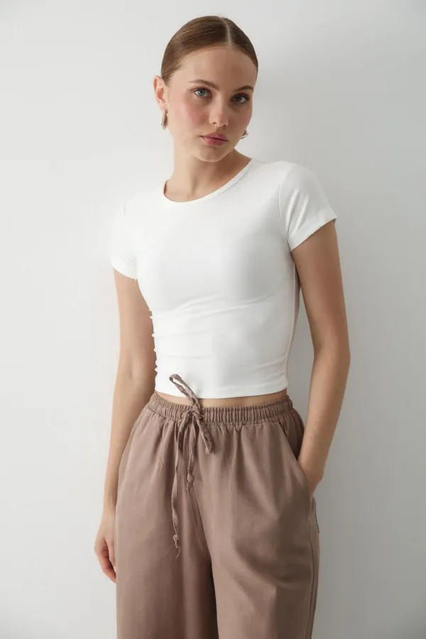 Pantalon en coton et lin couleur vison avec taille élastiquée