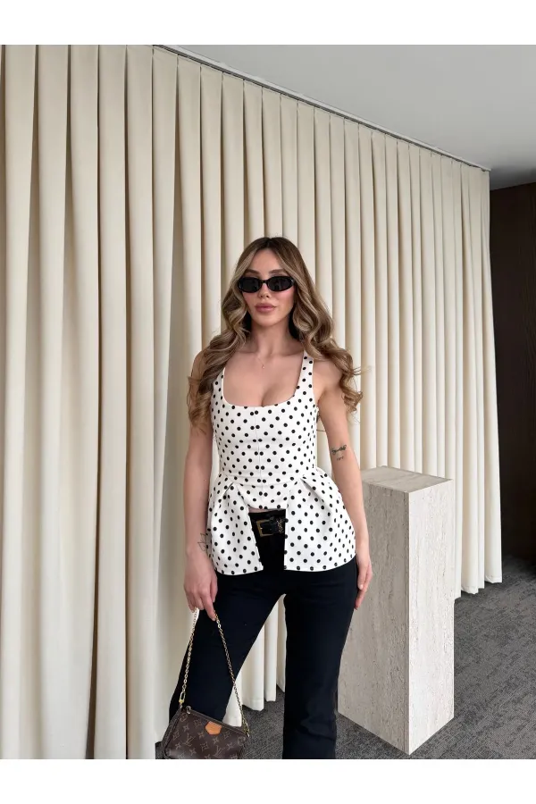 Bej Askılı Puantiyeli Bluz - 5081