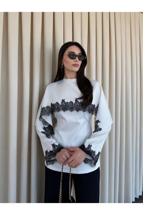 Beyaz Dantel İşlemeli Pelerin Saten Bluz - 1401