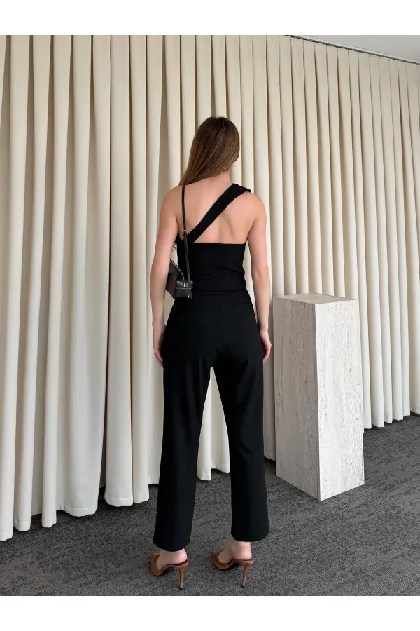 Siyah Tek Omuz Tasarım Yaka Bluz Pantolon Takım - 8003
