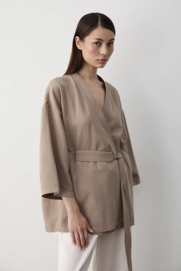 Sütlü Kahve Iç Kemerli Fakir Kol Kimono - 5383