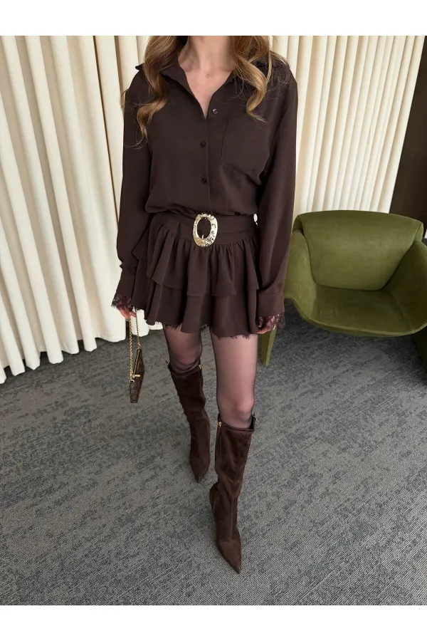 Brown Dress with Lace Hem - 35518