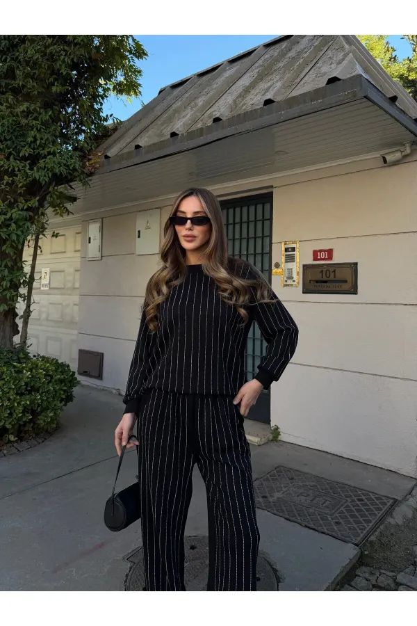 Siyah Taşlı Bluz Pantolon Takım - 0766