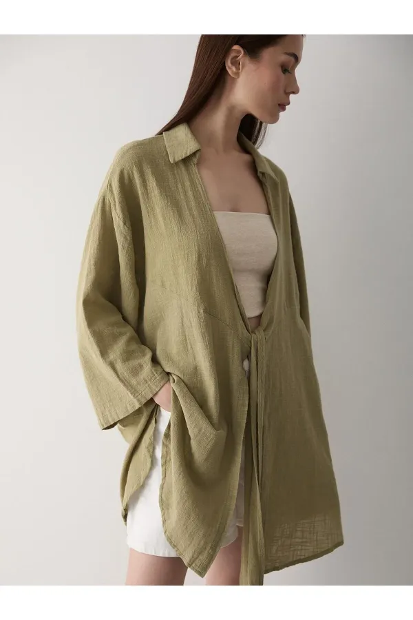 Haki Flam Keten Kimono Gömlek