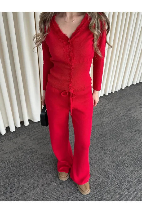 Red Lace Two-Piece Knit Set - 2602