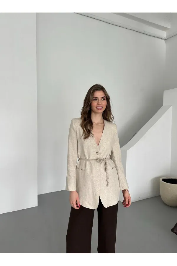 Bej %100 Pamuk İp Kemerli Ceket