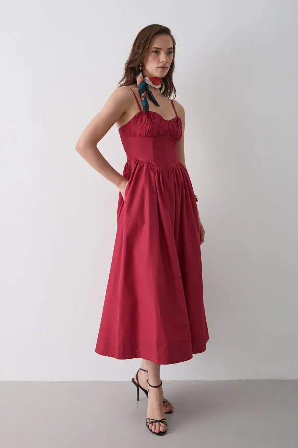 Kırmızı Bel Detaylı Poplin Elbise - 2001