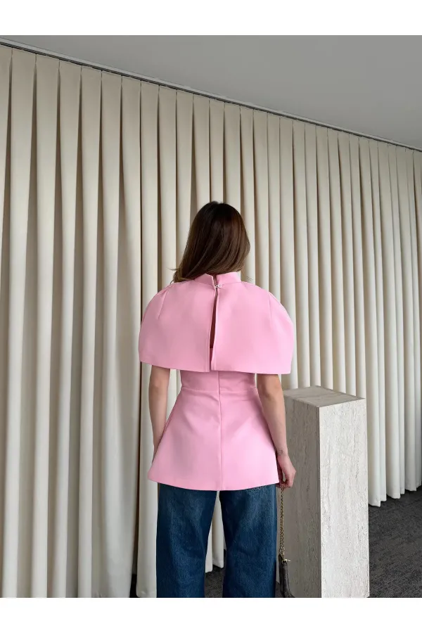 Pembe Pelerinli Straplez Bluz - 1101