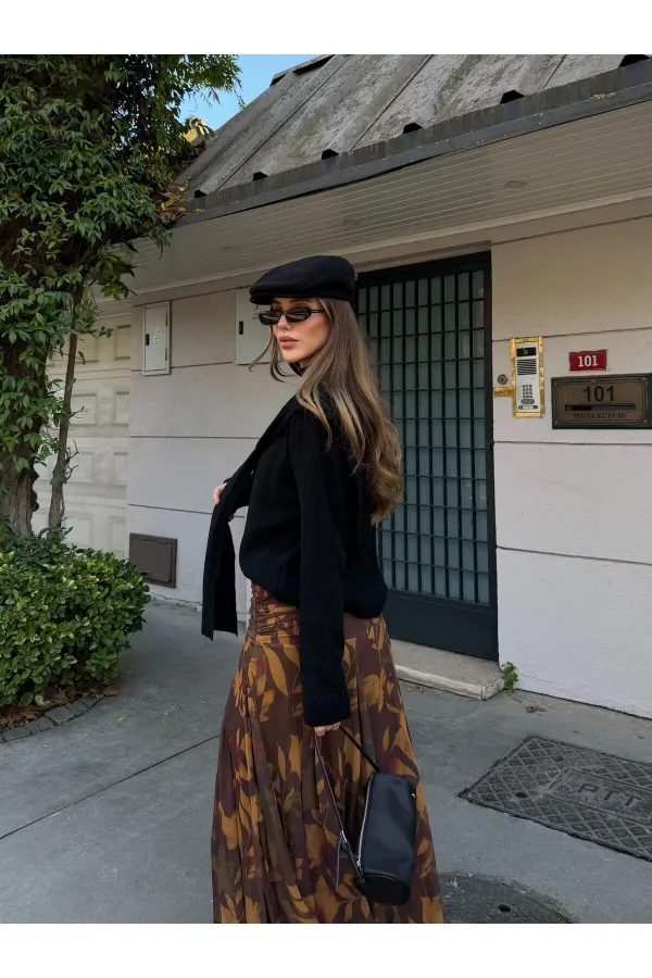 Haki - Sarı Yaprak Desenli Etek - 251101