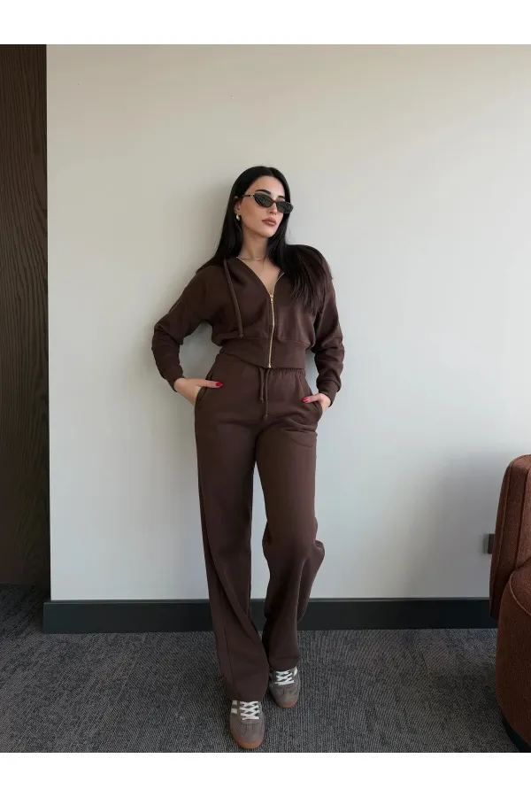 Kahverengi %100 Pamuk Kapüşonlu Fitilli Takım - 51232