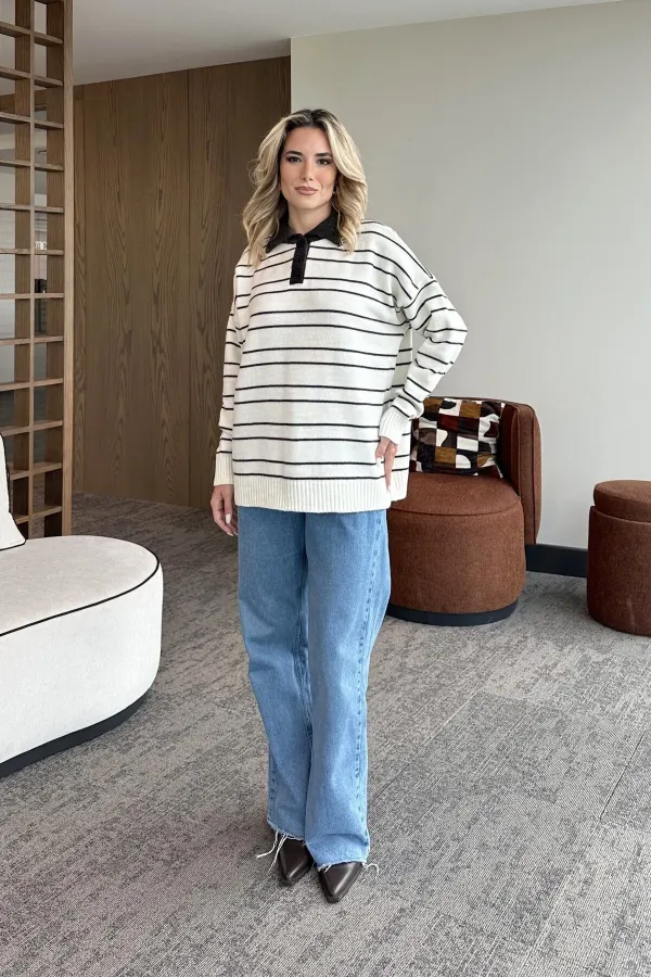 White and Black Striped Sweater -1510