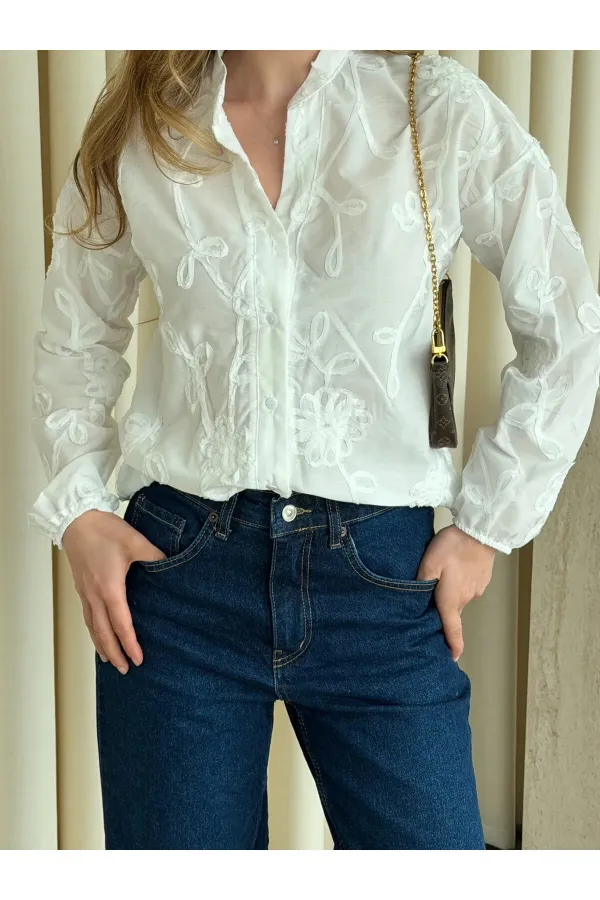 Ekru Kolu Lastikli Nakışlı Gömlek - 4231