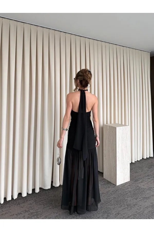 Siyah Gül Detaylı Şifon Elbise - 2485