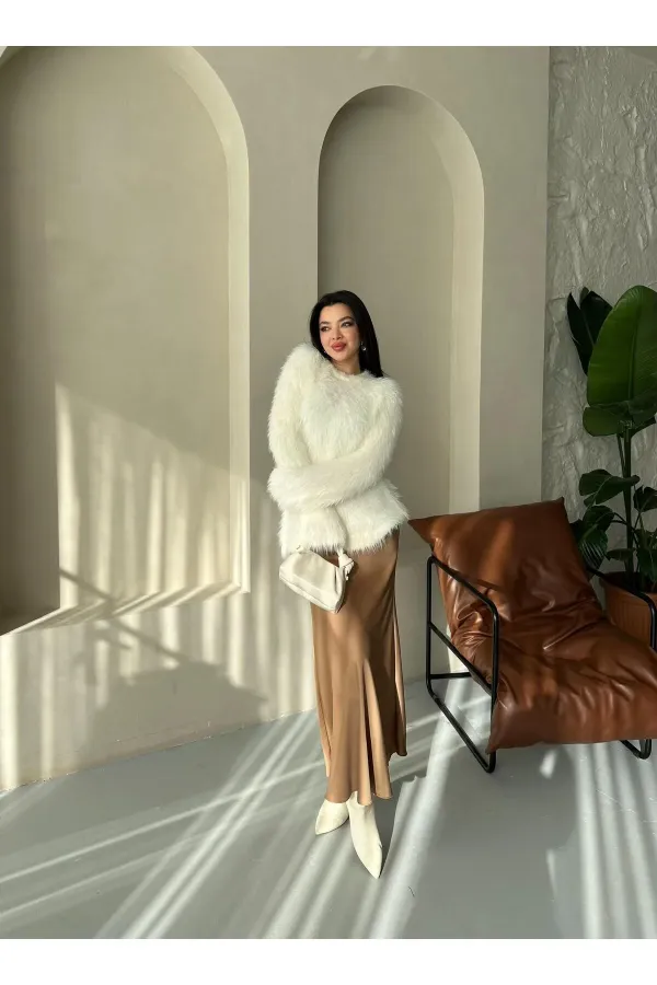 Sütlü Kahve Yandan Gizli Fermuarlı Beli Lastikli Saten Etek