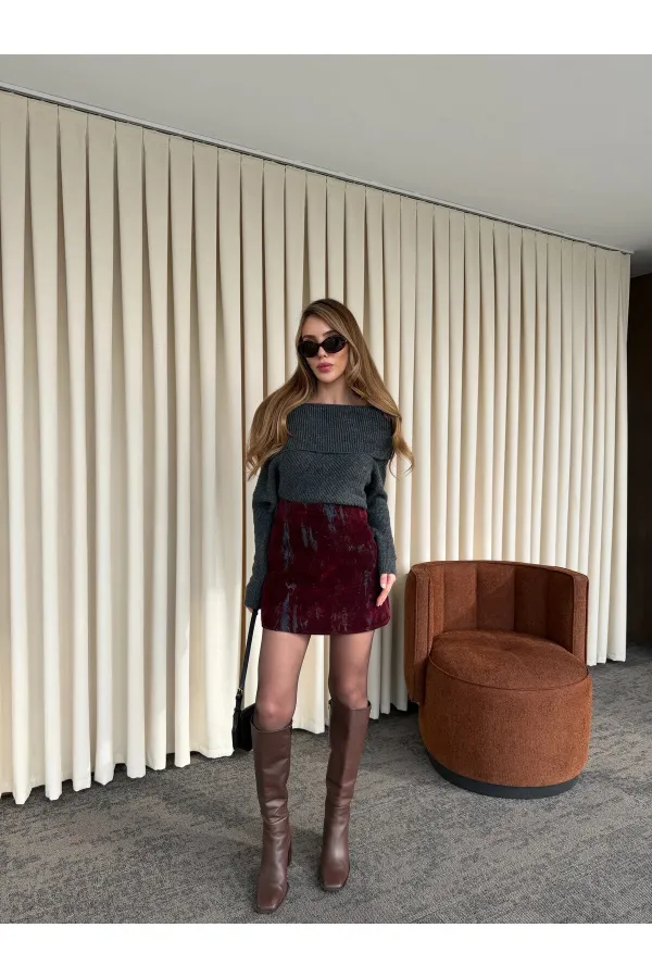 Navy Blue and Burgundy Flocked Print Skirt - 261002 Navy Blue and Burgundy Flocked Print Skirt - 261002
