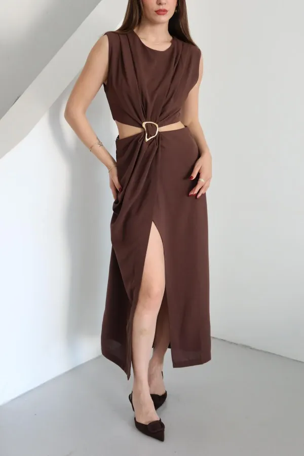 Brown Dress with Front Buckle and Side Cutout