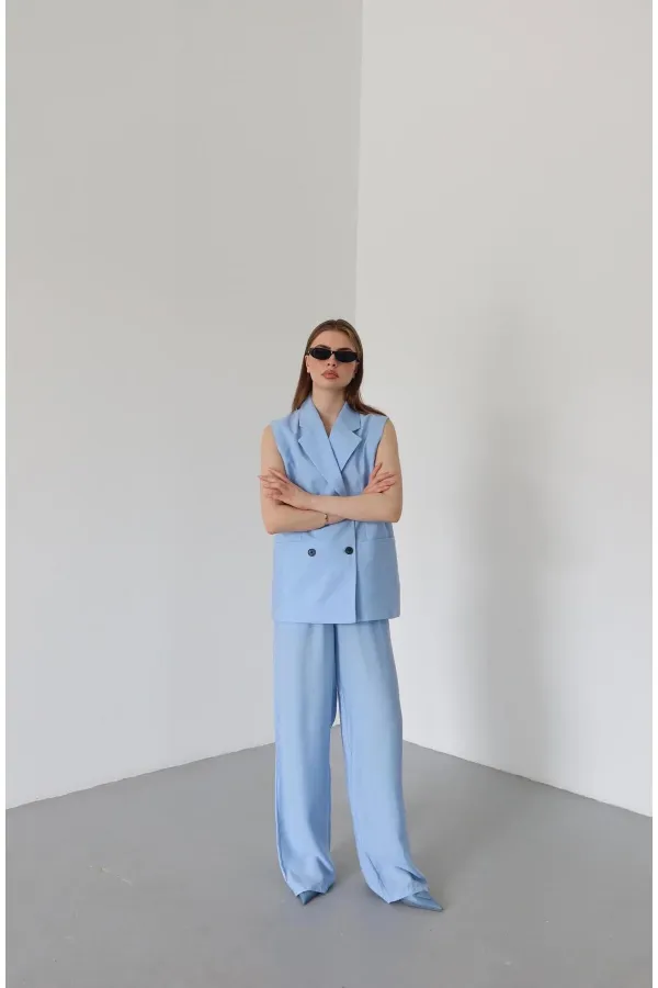 Blue and Black Button-Down Vest and Trousers Set
