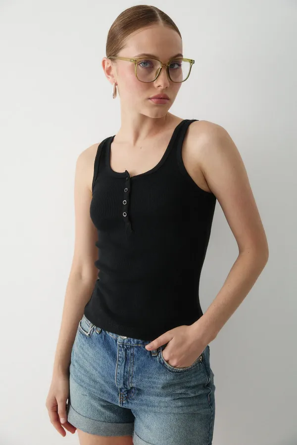 Black Front Buttoned Tank Top - 251001