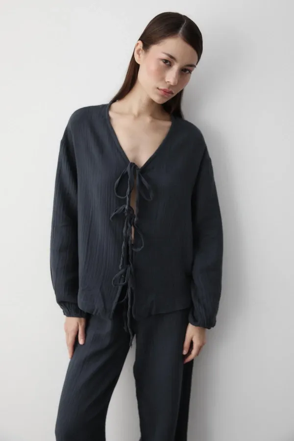 Antrasit %100 Pamuk Bağlamalı Bluz Pantolon Takım