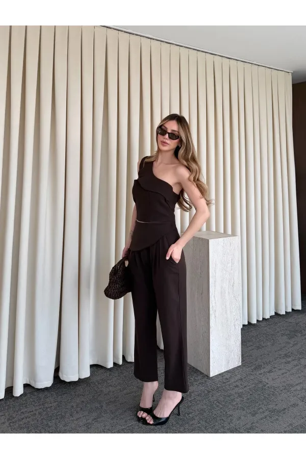 Acı Kahve Tek Omuz Tasarım Yaka Bluz Pantolon Takım - 8003